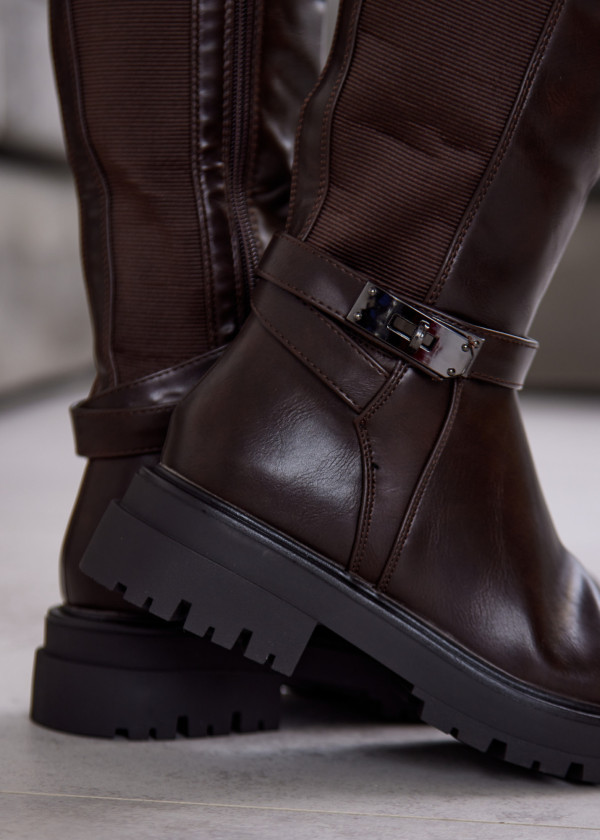 Brown Knee High Riding Boots with Buckle Detail 2