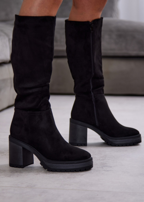 Black Suede Block Heel Knee High Boots