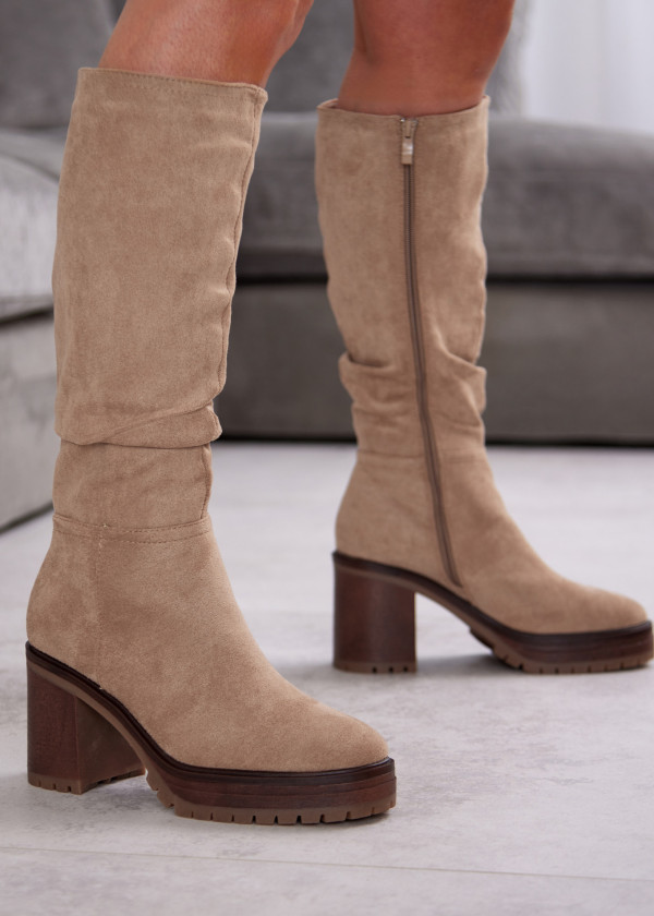 Khaki Suede Knee-High Block Heel Boots 4