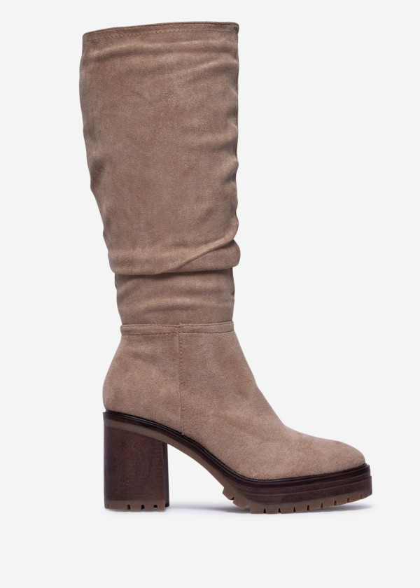 Khaki Suede Knee-High Block Heel Boots 3