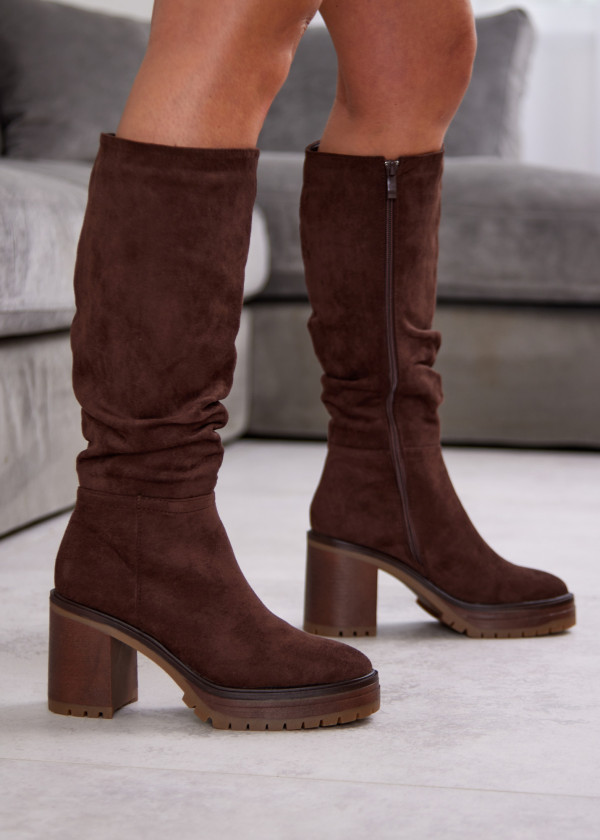 Brown Suede Block Heel Knee High Boots 1