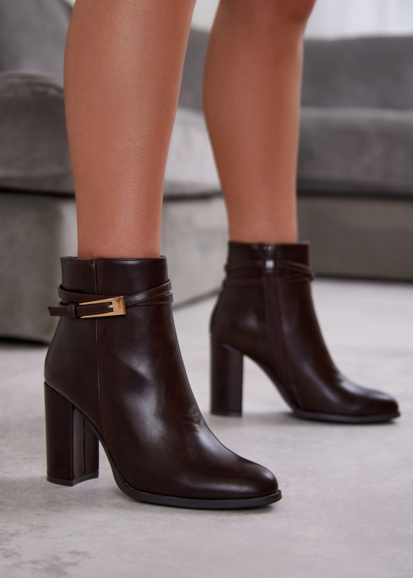 Brown Block Heel Ankle Boots with Gold Buckle 1