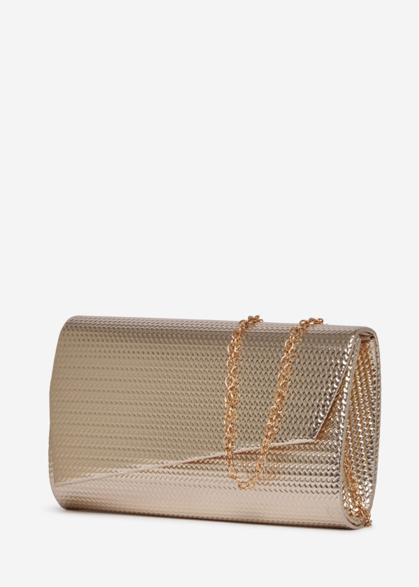 Gold Textured Evening Clutch Bag with Chain 1