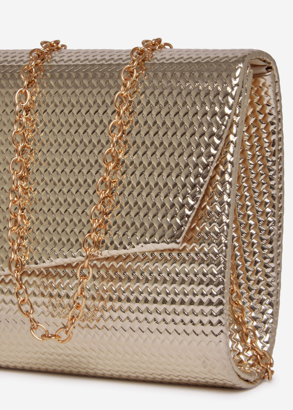 Gold Textured Evening Clutch Bag with Chain 3