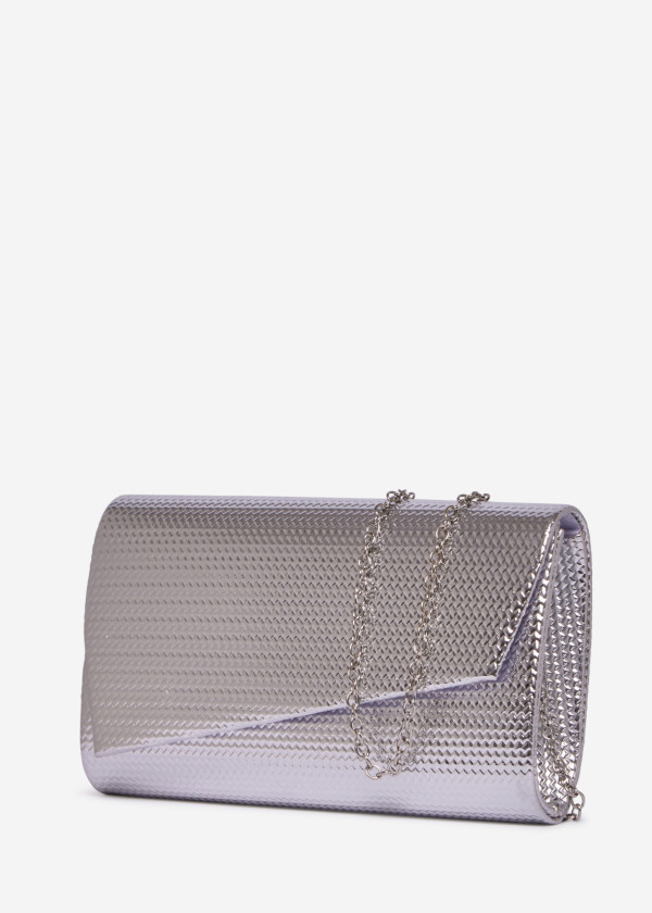 Silver Textured Evening Clutch Bag with Chain 1