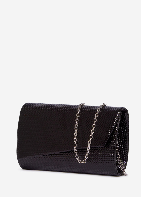 Black Textured Evening Clutch Bag with Chain 1