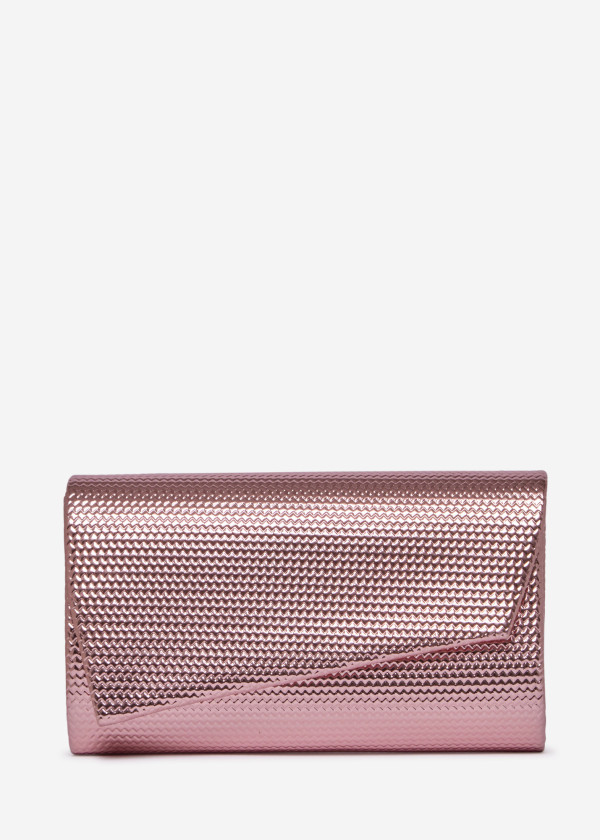 Rose Gold Textured Evening Clutch Bag with Chain