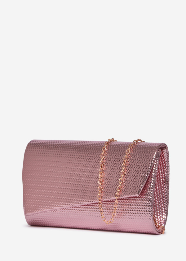 Rose Gold Textured Evening Clutch Bag with Chain 1