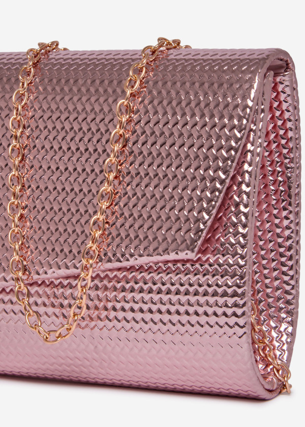 Rose Gold Textured Evening Clutch Bag with Chain 3
