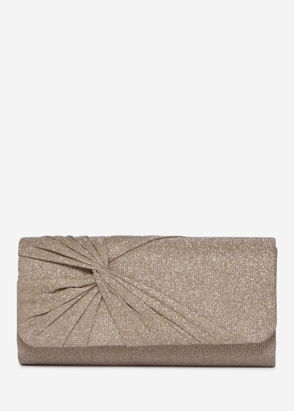 Gold Glitter Pleated Evening Clutch Bag with Chain