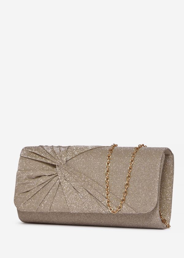 Gold Glitter Pleated Evening Clutch Bag with Chain 1