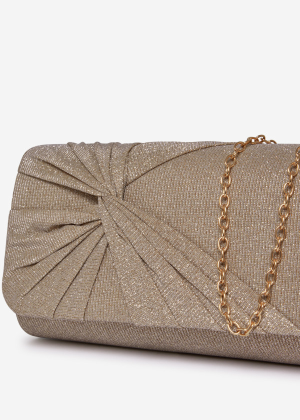 Gold Glitter Pleated Evening Clutch Bag with Chain 3