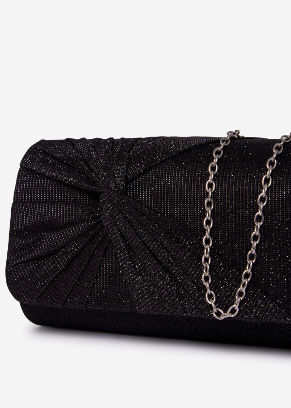 Black Glitter Pleated Evening Clutch Bag with Chain 2