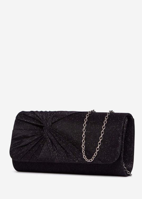 Black Glitter Pleated Evening Clutch Bag with Chain 3