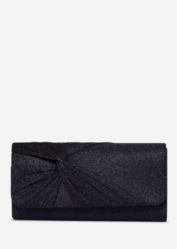Navy Glitter Pleated Evening Clutch Bag with Chain