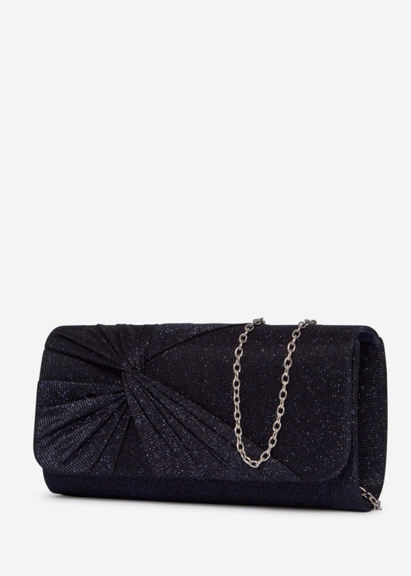Navy Glitter Pleated Evening Clutch Bag with Chain 1