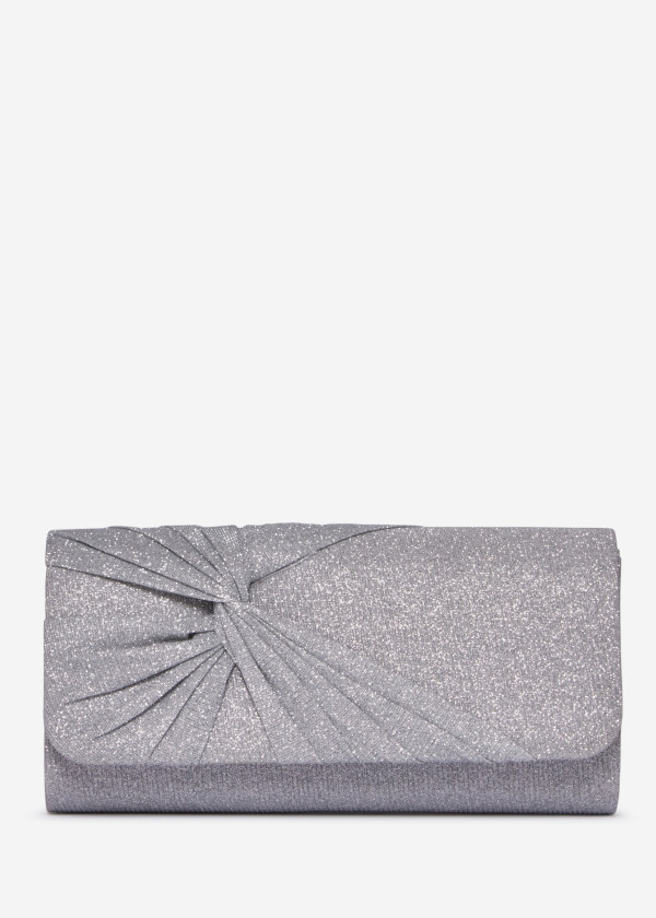 Silver Glitter Pleated Evening Clutch Bag with Chain 4