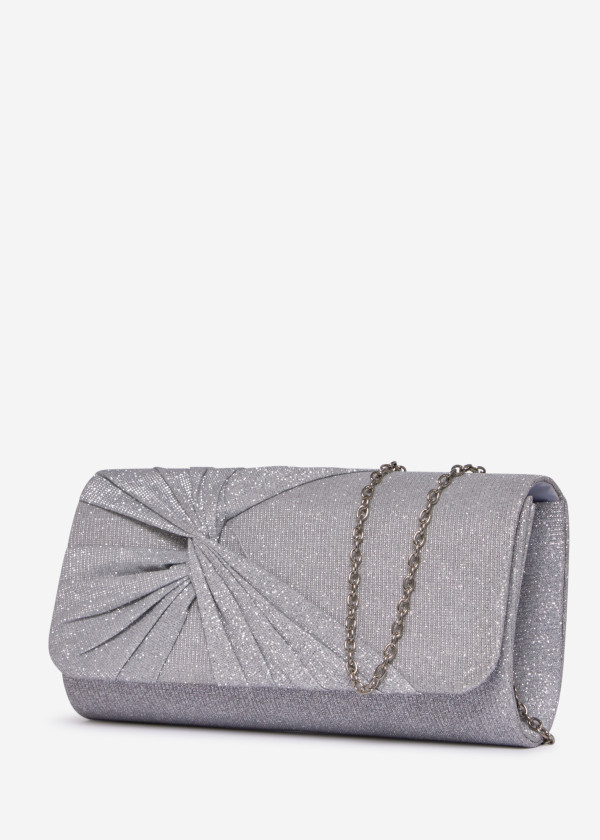 Silver Glitter Pleated Evening Clutch Bag with Chain 1