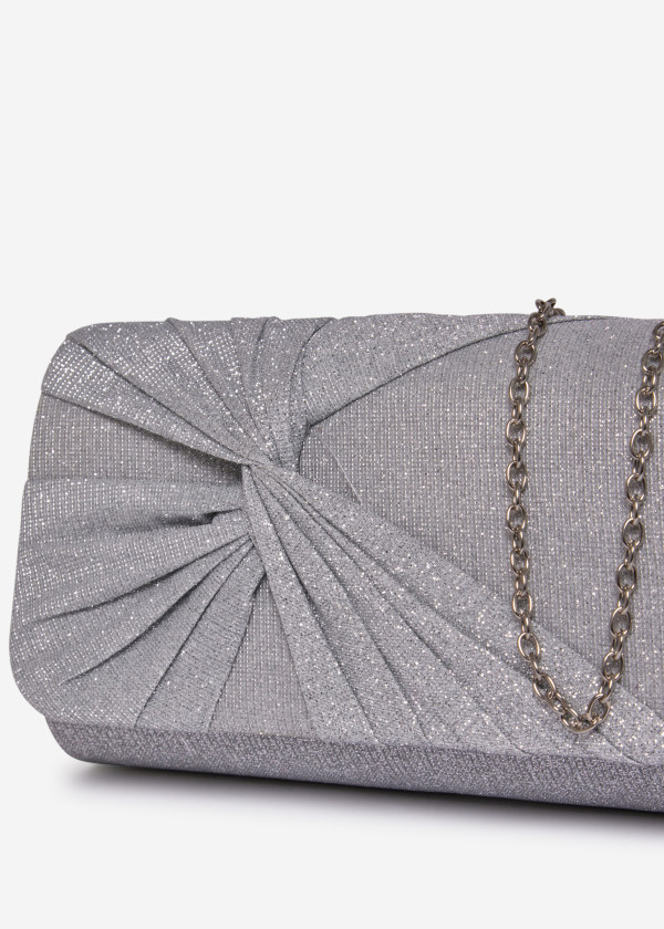 Silver Glitter Pleated Evening Clutch Bag with Chain 3