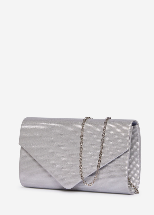 Silver Glitter Envelope Evening Clutch Bag with Chain 1